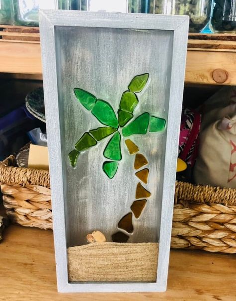 Palm Tree Sea Glass Art, Sea Glass In Resin, Sea Glass Palm Tree, Sea Glass Display, Florida Crafts, Hawaii Beach House, Seashell Shadow Boxes, Glass Shadow, Sea Glass Diy