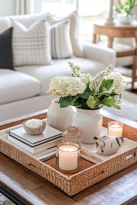 "Add a touch of elegance with Decorative Tray Styling! 🛋️✨ Perfect for organizing and displaying your favorite items in style. 🌟✨ #TrayStyling #HomeDecor #InteriorInspiration" Decorative Tray Coffee Table, Coffee Table Decor Aesthetic, Styled Coffee Table, Table Basket Decor, Ottoman Decor Living Room Tray, Living Room Ottoman Decor, Coffee Table Tray Styling, Ottoman Decor Living Room, Ottoman Tray Styling