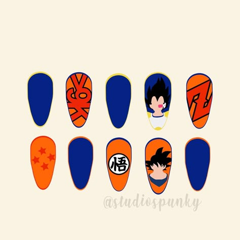 Dragon Ball X Nails, Dragon Ball Nails Acrylic, Dragon Ball Nails Art, Dragonball Z Nails, Dragonball Nails, Dragon Ball Z Nail Art, Goku Nails, Dbz Nails, Inuyasha Nail Art