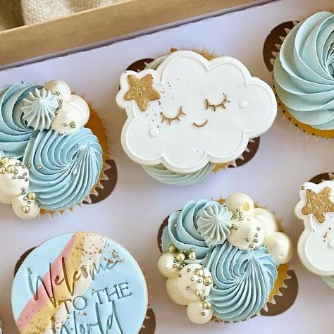 Cloud Cupcakes Ideas, Cloud 9 Cupcakes, Cloud Cake Ideas, Sky Cupcakes, Cloud Baby Shower Theme, Dozen Cupcakes, Cloud Cupcakes, Baby Boy Cupcakes, First Birthday Cupcakes