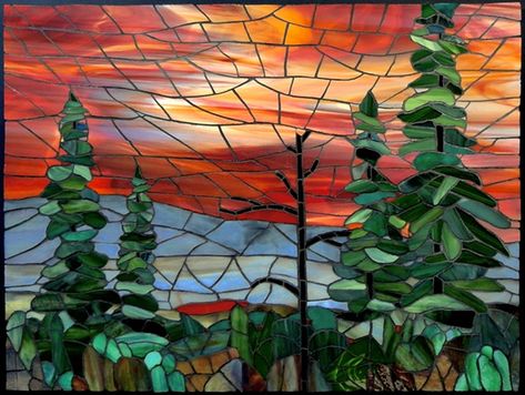 Delyea Art - Canadian landscape & wildlife paintings & stained-glass mosaic art - "Sunset" Landscape Mosaic, Stained Glass Mosaic Art, Tree Mosaic, Tiffany Glass Art, Glass Art Design, Mosaic Stained, Mosaic Art Projects, Mosaic Tile Art, Wine Glass Art