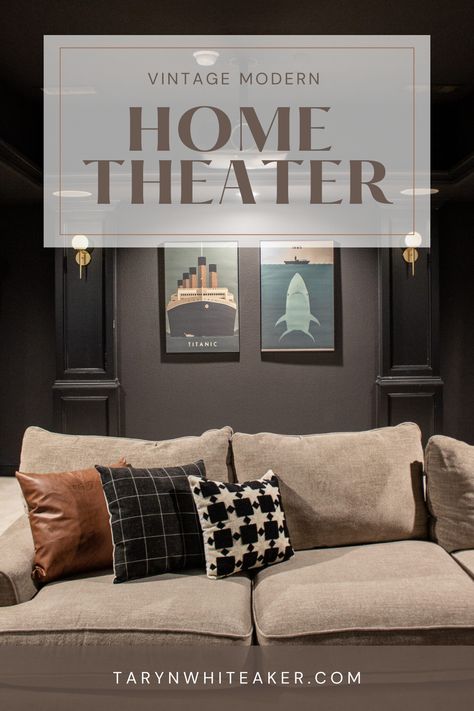 Tour this Vintage Modern Home Theater Decor - Get the look with affordable throw pillows and movie theater art. Vintage Movie Theater Decor, Modern Home Theater, Home Theater Wall, Vintage Movie Theater, Movie Theater Decor, Vintage Modern Home, Theater Art, Theater Decor, Home Movie Theater