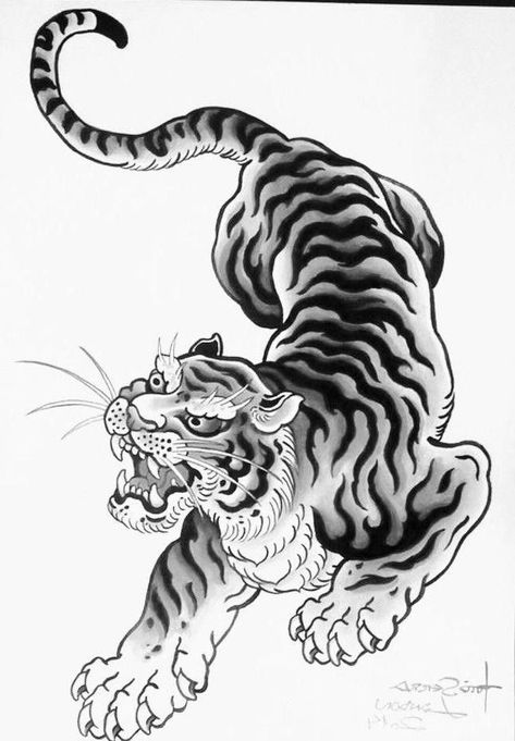 Traditional Tiger Tattoo, Japan Dragon, Japanese Tiger Tattoo, Tattoo Japanese Style, Tattoo Black And White, Japanese Tiger, Tiger Tattoo Design, Japan Tattoo Design, Traditional Tattoo Sleeve