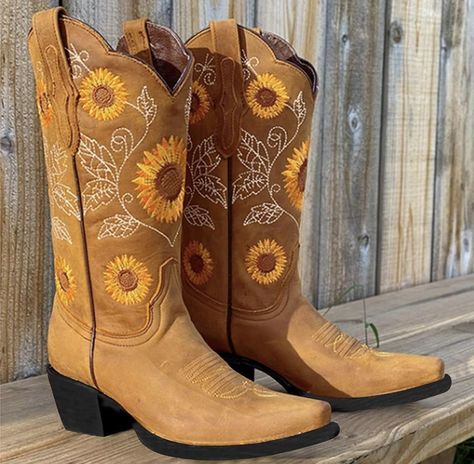 Cowgirl Cowboy Boots Embroidered Mid Calf Quince Shoes, Sunflower Boots, Snip Toe Cowgirl Boots, Embroidery Boots, Botas Western, Flower Boots, Girl Boots, Pu Boots, Embroidered Boots