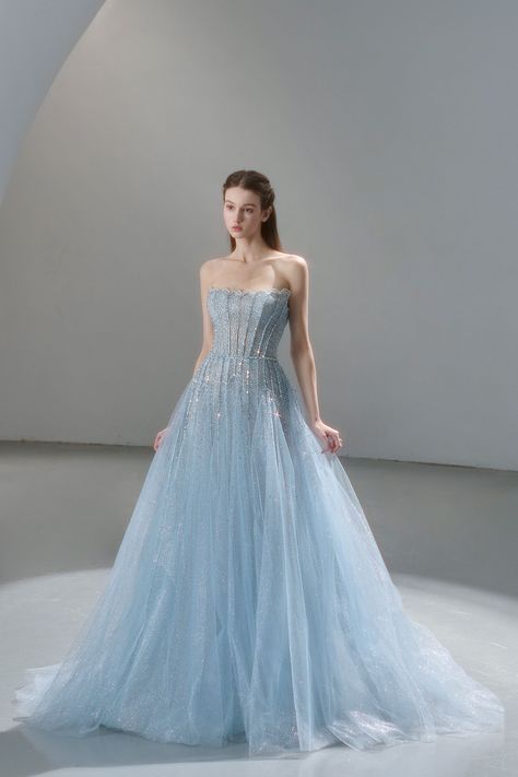 Semporna - TheAtelier Light Blue Couture Dress, Blue Couture Dress, Blue Couture, Light Blue Gown, Beautiful Gown Designs, Book Dress, Blue Ball Gowns, Fairytale Fashion, Fancy Wedding Dresses