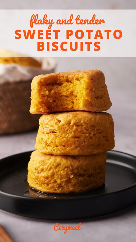 Tender and fluffy sweet potato biscuits have a hit of sweetness from the addition of sweet potatoes. Brushed with melted butter, these sweet potato biscuits are a great autumn side dish. Sweet Potato Drop Biscuits, Sweet Potatoes Biscuits, Sweet Potato Biscuit, Sweet Potato Biscuits Easy, Yam Biscuits, Sweet Potato Cookies Recipes, Sweet Potato Biscuits Recipe, Potato Biscuits Recipe, Sweet Yams