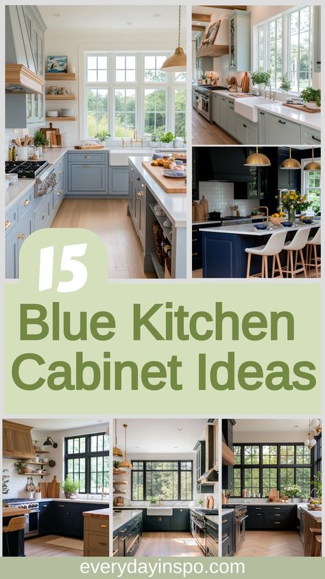 See how to use blue kitchen cabinets to their best effect with these tips and ideas. Blue Tone Kitchen Cabinets, Dark Blue Painted Kitchen Cabinets, Cabinet Hardware For Blue Cabinets, Blue Walls Cream Cabinets, Blue Kitchen Apartment, Dark Blue Cabinets Kitchen Paint Colors, Paint Colors That Go With Navy Cabinets, Blue Kitchens Cabinets, Blue And Wood Kitchen Cabinets