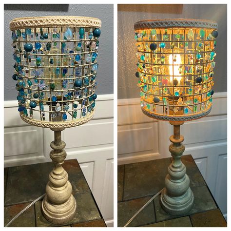 The lamp shade is made up of blue glass beads that I hung individually.  The lamp shade measurements: 5.5" diameter  6" tall The whole lamp measurements:  16" tall total 3.25" base of lamp