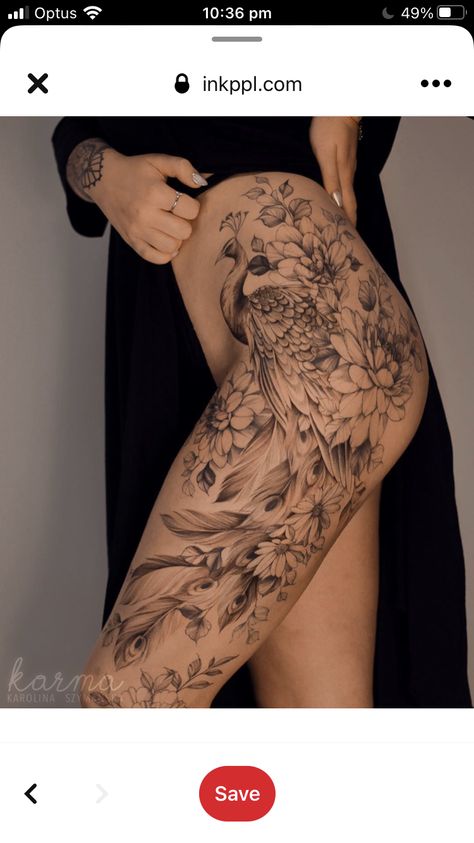 Tattoo Bein Frau, Tattoo Frau, Side Thigh Tattoos, Bauch Tattoos, Hip Thigh Tattoos, Peacock Tattoo, Hip Tattoos Women, Inspiration Tattoos, Leg Tattoos Women