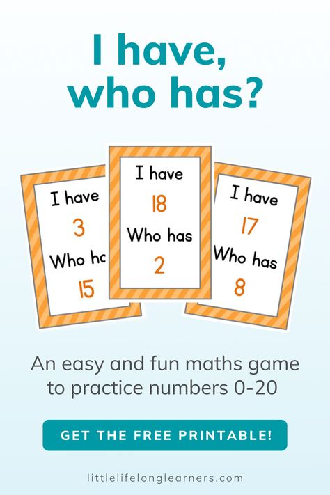 "I have, who has?" maths game by Little Lifelong Learners. "I have, who has?" is a fun preschool numeracy card game to practice number recognition for 0-20. Download your free "I have, who has?" printable to make learning at home fun and easy and help your preschoolers and Kindergarteners develop early math skills! I Have Who Has Numbers 1-20 Free, I Have Who Has Games Free Preschool, I Have Who Has Games Free, Preschool Numeracy, Number Games Preschool, Positional Language, Math Activities For Toddlers, Early Numeracy, Number Recognition Activities