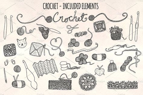 33 Crochet and Yarn Sketch Graphics by Violet LeBeaux on @creativemarket Yarn Drawing, Crochet Tattoo, Doodle Wall, Yarn Color Combinations, Themed Illustrations, Yarn Bracelets, Etsy Shop Banner, Drawing Quotes, Bullet Journal Inspo