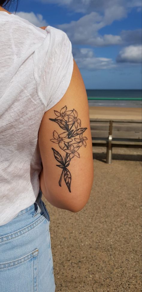 Japanese Jasmine Flower Tattoo, Jasmine Shoulder Tattoo, Flower Chest Tattoo Men, Jasmine Flower Tattoo Collar Bone, Jasmine Flower Back Tattoo, Butterfly Jasmine Flower Tattoo, Flower Chest Tattoo, Jasmine Tattoo, Laser Tattoo