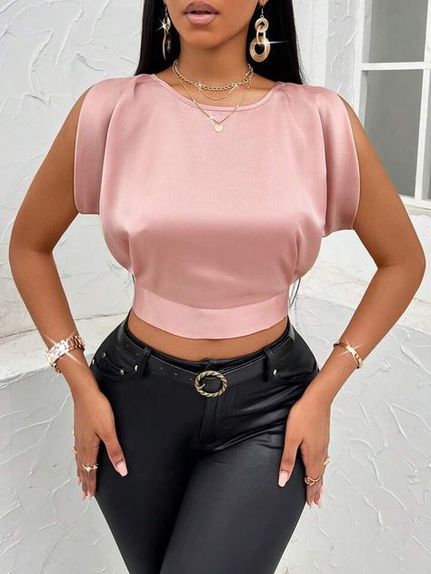 Crop Top Elegante, Blusas Crop Top, Plain Tops, Women Blouses, Satin Blouse, Crop Shirt, Tie Backs, Tie Back, Sleeveless Blouse