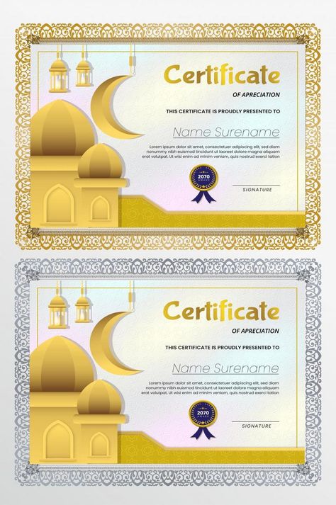 Certificate with Mosque and white Gold Color Islamic Pattern for Ramadan Concept Template#pikbest# Eid Al-adha Design, Mosque Silhouette, Ramadhan Mubarak, Gold Poster, For Ramadan, Presentation Video, Powerpoint Word, Islamic Posters, Islamic Pattern