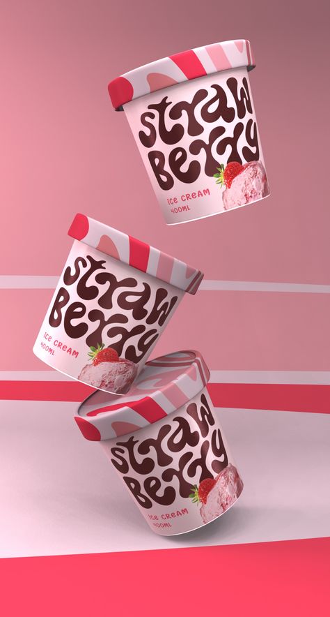 Strawberry Ice Cream Packaging, Strawberry Packaging Ideas, Ice Cream Packing Design, Packaging Ice Cream Design, Fun Food Packaging, Ice Cream Package Design, Ice Cream Packaging Design Creative, Milkshake Branding, Ice Cream Packaging Ideas