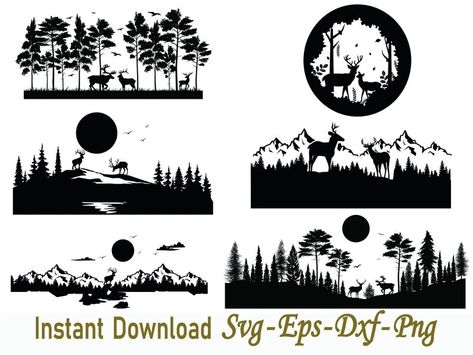 Wildlife Silhouette, Trees Clipart, Forest Wildlife, Mountain Waterfall, Forest And Wildlife, Tree Clipart, Silhouette Files, Nature Themed, Silhouette Studio Designer Edition