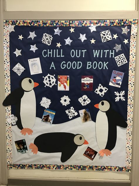 Chill out with a good book bulletin board OBCS New Year Library Bulletin Board, Christmas Bullentin Board Ideas, Cozy Up With A Good Book Bulletin Board, Winter Library Bulletin Boards, Winter Library Displays, Book Recommendations Bulletin Board, Read Bulletin Board, Christmas Library Bulletin Boards, Growth Mindset Classroom Decor