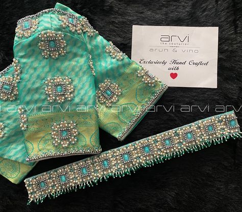 Light Green Blouse Designs, Aari Hip Belt Design, Onion Colour, Half Sleeve Blouse Designs, Aari Work Designs Pattern Hand Embroidery, Simple Wedding Blouse Designs, Magam Works, Blouse Designs Aari Work, Light Green Blouse