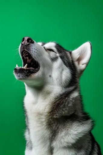 ↑↑↑ Larger size on website 🔸 A Siberian husky with black and white fur is howling with its mouth open, showcasing sharp teeth. Th Dog Mouth Open, Sharp Teeth, White Fur, Siberian Husky, Green Backgrounds, Looking Up, Husky, Black And White, Dogs