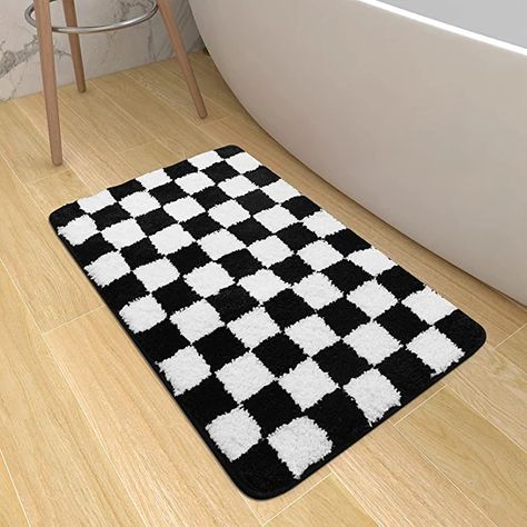 Checkered Rug Bathroom, Checkered Bathroom Rug, Checker Board Bathroom, Checkered Bath Mat, Fun Bathroom Rugs, Bathroom Mats Decor Bath Rugs, Bathroom Mats Decor, Carbisdale Castle, Boho Bathroom Rugs