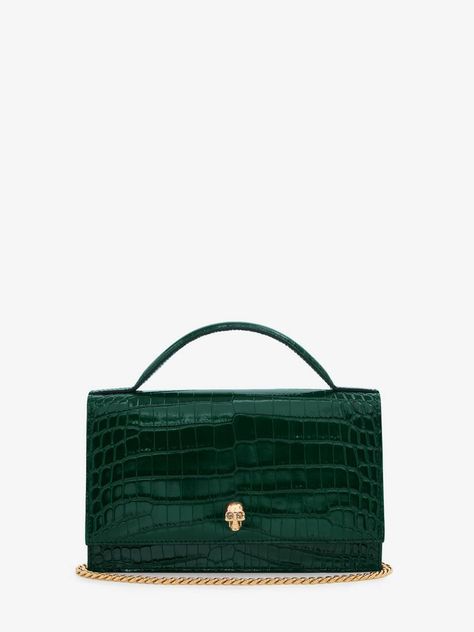 Top Handle Skull Bag in Emerald | Alexander McQueen US Alexander Mcqueen Bag, Skull Bags, Alexander Mcqueen Skull, Miu Miu Bag, Designer Tote Bags, Leather Denim, Happy Camper, Logo Stamp, Green Bag