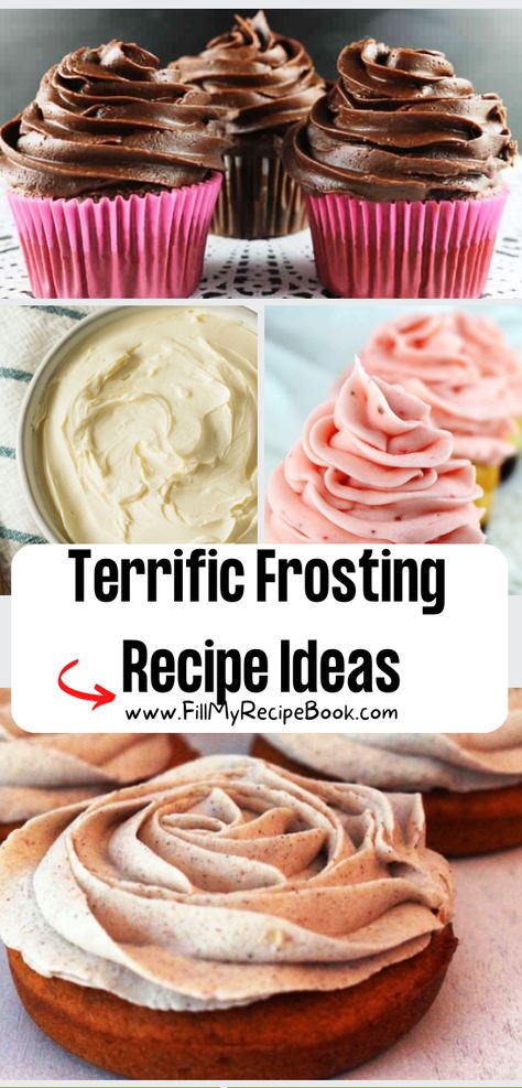 Terrific Frosting Recipe Ideas to create for your desserts of cakes and cupcakes. Easy powdered sugar, cream cheese, butter icing tips. Easy Icing Decorating Ideas, Icing Recipes For Cupcakes, Shelf Stable Frosting, Homemade Frosting Easy Powdered Sugar, Flavored Frosting Recipes, Frostings For Cakes, Frosting Cupcakes Techniques, Simple Frosting Recipe, Piping Frosting Recipe