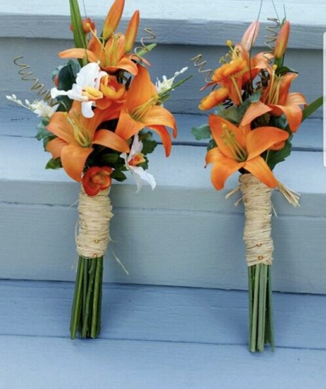 Wedding Bouquets Orange, Tropical Bridal Party, Tiger Lily Bouquet, Destination Wedding Flowers, Bouquets Bridesmaids, Tiger Lilies, Orange Wedding Flowers, Wedding Flower Packages, Tropical Bridal