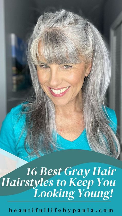 Gray Hair Hairstyles, Hairstyles For Gray Hair, Growing Out Gray Hair, Long Hair Older Women, Haircut Gray Hair, Grey Hair With Bangs, Make Your Hair Grow Faster, Over 40 Hairstyles, Long Silver Hair