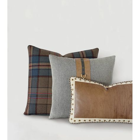 Eastern Accents Aiden Dorian Saddle Border Faux Leather Pillow Cover & Insert | Perigold Plade Pillow, Plaid Pillows, Tartan Pillow, Cabin Pillows, Plaid Sofa, Plaid Pillow Covers, Plaid Throw Pillows, Camp Style, Plaid Pillow