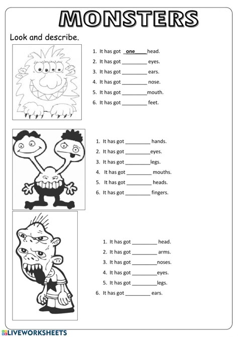 Monster body parts - Interactive worksheet Worksheets For Kids English, Body Parts Worksheet, Body Parts In Spanish, Body Parts For Kids, Radical Expressions, Teach English To Kids, Body Parts Preschool, Primary English, English Grammar Worksheets