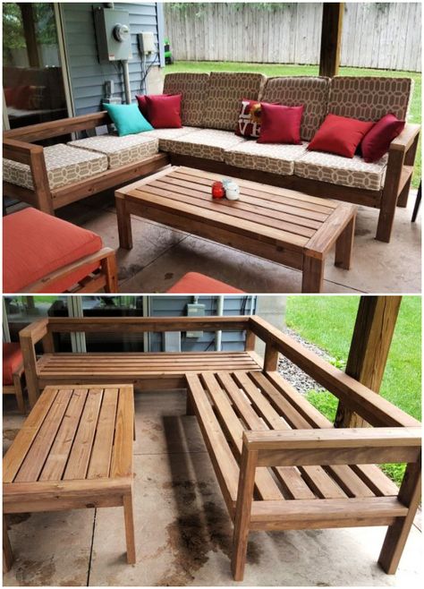 DIY Outdoor Sectional Couch Diy Deck Seating, Diy 2x4 Outdoor Couch, Diy Patio Couch Cheap, Diy Patio Sectional Wood, Wooden Outdoor Sofa Diy, Wood Outdoor Sectional, Diy Conversation Set Patio, Diy Porch Sectional, Diy Couch Outdoor