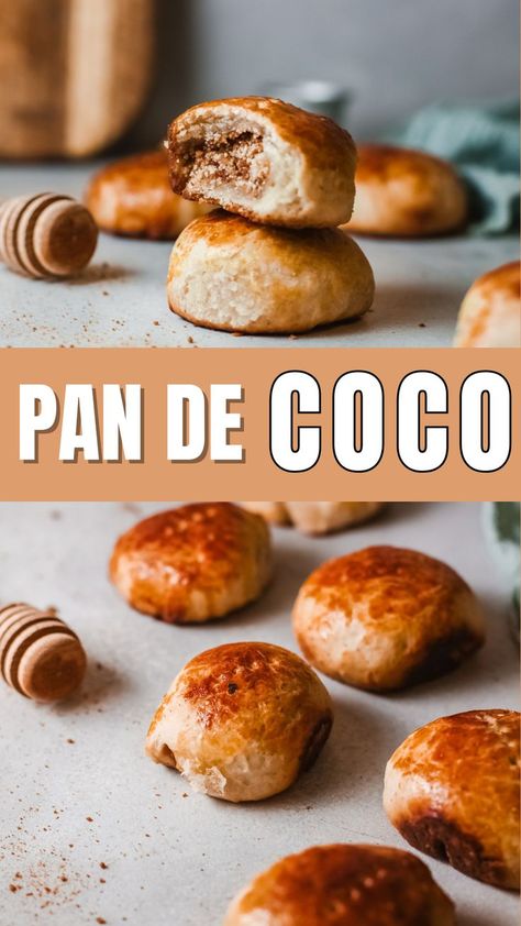 🥥 Looking for a new Latin recipe to try? Look no further! This Pan de Coco or Coconut Bread is an all-time favorite Hispanic treat. Delight your taste buds with this sweet bread roll filled with dried coconuts. Perfect for a coffee side treat or a snack. Grab your apron, it's time to bake! #LatinRecipe #HispanicFood #CoconutBread #PandeCoco Filled Bread, Coconut Bread, Bread Roll, Sweet Bread, Apron, Coco, Coconut, Bread, Coffee