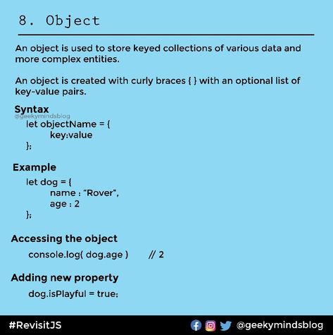 Objects are one of the most important concept of JavaScript. #javascript #js #webdev #webdevelopment #programming #coding Java Cheatsheet, App Programming, C Programming Tutorials, Programming Tips, Java Script, Java Tutorial, Basic Computer Programming, Web Development Programming, Coding For Beginners