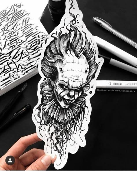 Scary IT the clown tattoo with roots coming from his head and a flared hairstyle almost like a flame Pennywise Tattoo, Horror Movie Tattoos, Clown Tattoo, Movie Tattoos, Scary Tattoos, Creepy Tattoos, Tattoo Desings, Horror Tattoo, Dark Art Tattoo