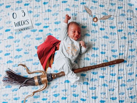 Harry Potter Milestone Pictures, Harry Potter Maternity Photoshoot, Harry Potter Newborn Pictures, Baby Milestones Pictures, Baby Nursery Diy, One Month Baby, Harry Potter Baby Shower, Monthly Baby Photos, Baby Room Themes