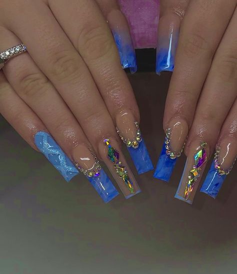 Dark Blue Baddie Nails, Baddie Bling Nails Blue, Pink And Blue Nails Acrylic Long, Baddie Nails Acrylic Blue, Xl Long Acrylic Nails Blue, Peeps Candy, Nail Stickers Decals, Red Acrylic Nails, Blue Acrylic Nails