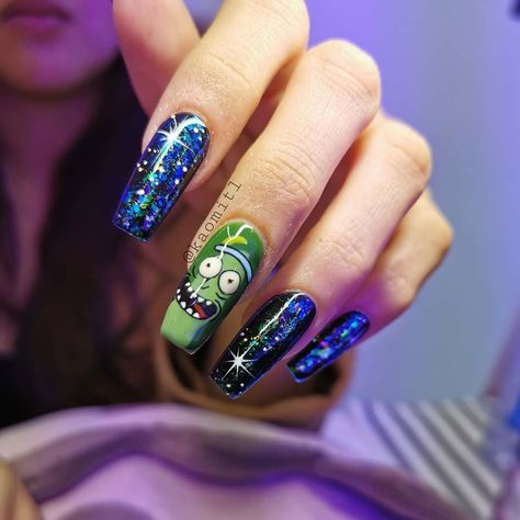 Rick And Morty Acrylic Nails, Pickle Rick Nails, Rick And Morty Nails Acrylic, Nails Acrylic Easy, Rick And Morty Nails, Pickle Rick, Rick Y Morty, Drip Nails, Nails Desing