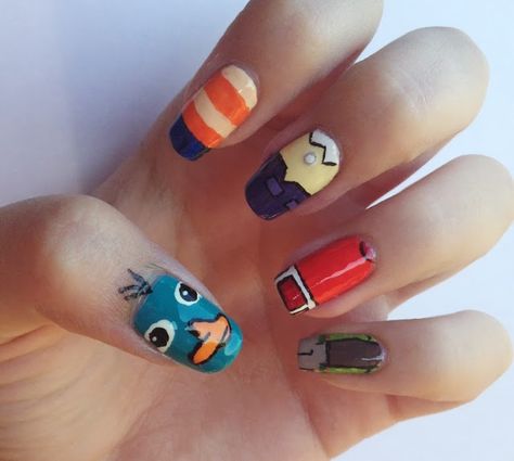 Aug 7: Day 3 Character Nails  Phineas, Ferb, Candace, Jeremy and Perry the platypus Candace And Jeremy, Character Nails, Art Of Disney, August Challenge, Perry The Platypus, Phineas And Ferb, Platypus, Nail Art, Nails