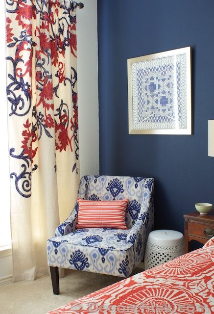 Love the drapes! Navy Blue And Coral Bedroom, Blue And Coral Bedroom, Navy Coral Bedroom, Coral Bedroom Decor, Navy Blue And Coral, Coral Bedroom, Navy Bedrooms, House Castle, Wallpaper Glitter