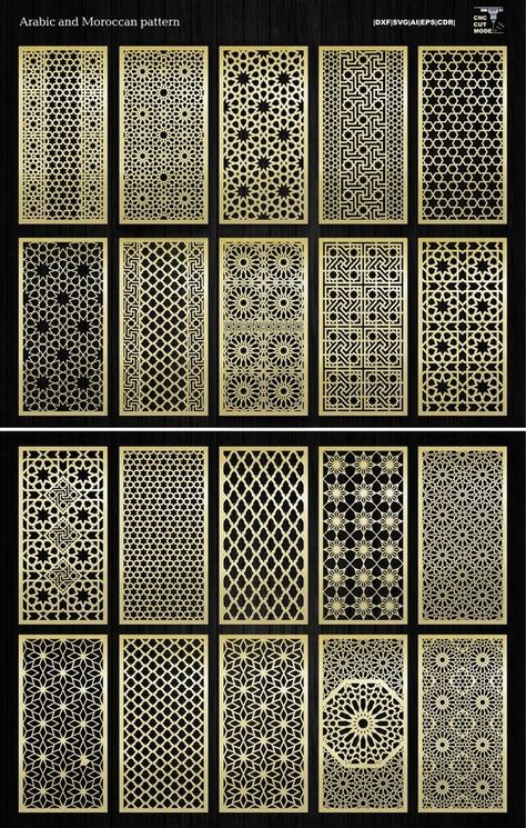 Explore the beauty of intricate laser cut stencils and panels. Perfect for creating stunning room dividers and screens with Moroccan and Islamic art patterns! Laser Cut Screens, Laser Cut Stencils, Laser Cut Panels, Cnc Files, Divider Screen, Room Divider Screen, Moroccan Pattern, Cnc Design, Room Screen