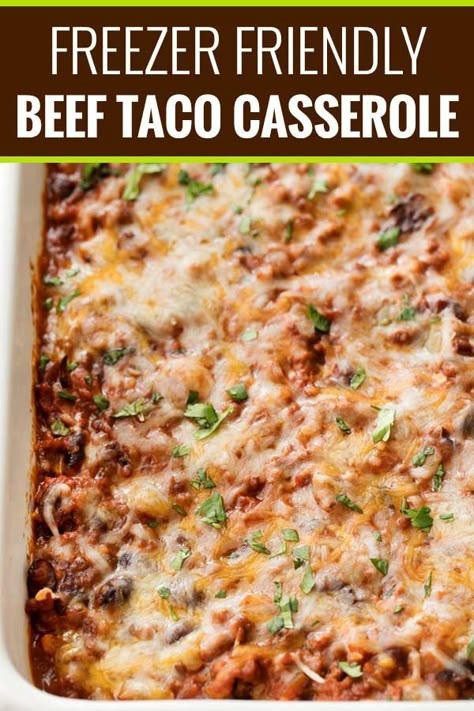 This beef and bean taco casserole is incredibly easy, made from scratch, freezer-friendly, and a huge hit families!  All the flavors of taco night that you love, in a comforting casserole. #taco #tacocasserole #mexican #freezermeal #casserole #makeahead #tacotuesday Freezer Casseroles, Mushroom Pasta Bake, Beef Taco Casserole, Mexican Beans, The Chunky Chef, Chunky Chef, Freezer Friendly Meals, Creamy Mushroom Pasta, Freezable Meals