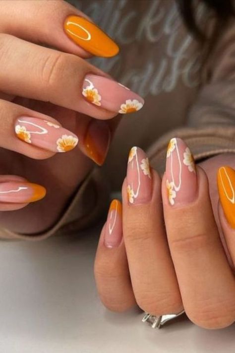 Nails Design Orange Summer, April Acrylic Nails, Acrylic Nails Ideas Square, Nails Ideas Square, Summer Orange Nails, Orange Summer Nails, Neon Orange Nails, Glitter French Nails, Nail Art Simple