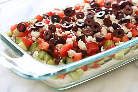 Greek 7 Layer Dip | Skinnytaste Greek 7 Layer Dip, Greek Layer Dip, Greek Dip, Layered Dip Recipes, 7 Layer Dip, Recipes Greek, Hummus Dip, Midday Snack, Peanut Butter Sauce