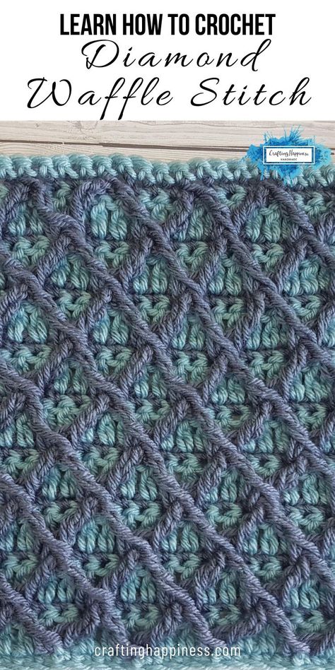 Learn how to crochet the Diamond Waffle Stitch with the free step by step photo tutorial and video for beginners from Crafting Happiness. 2 Color Waffle Stitch Crochet, Crochet Diamond, Table Runner Patterns, Crochet Blanket Stitch Pattern, Crochet Waffle Stitch, Crochet Stitches Guide, Crochet Chicken, Crochet Stitches For Blankets, Crochet Blanket Designs