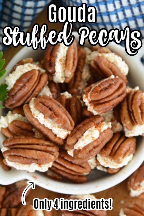 Gouda Pecans are the BEST! Raw pecans are stuffed with an easy gouda and sour cream mix and that is all, folks! So easy to make! #goudapecans #goudastuffedpecans #stuffedpecans www.savoryexperiments.com Appetizers For Party Easy, Chex Mix Recipes Original, French Toast Recipe Cinnamon, Puppy Chow Chex Mix Recipe, Easy French Toast Recipe, Party Snacks Easy, Puppy Chow Recipes, Apple Recipes Easy, Chex Mix Recipes