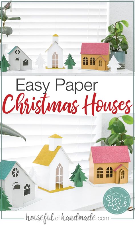 Decorate for Christmas with a fun paper Christmas village! These 3 paper houses are inspired by the Putz red-brick, cardboard houses. Matching paper Christmas trees included! Housefulhandmade.com How To Make Cardboard Houses Christmas Villages, Paper Christmas Village Template, Diy Paper Christmas Village, Diy Paper House Templates, Cardboard House Template Free Printable Patterns, Paper Houses Diy, Paper House Template Printables Free, Paper Christmas Houses, Paper House Craft