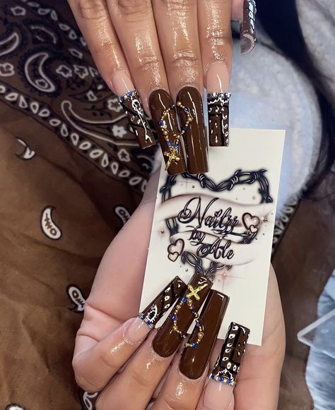 Chola Nails Designs, Cholo Nails, Gangster Nails, Chicana Nails, Business Nails, Brown Nails Design, Bunny Nails, Airbrush Nails, Drip Nails