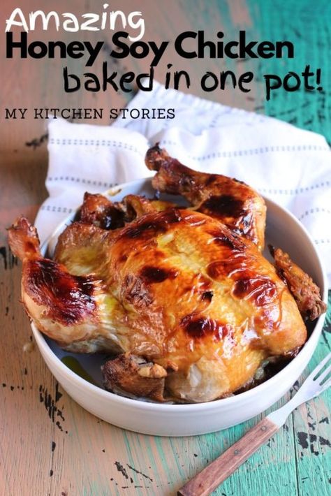 Honey Soy Chicken baked in one pot | My Kitchen Stories Whole Baked Chicken, Honey Soy Chicken, Chicken Baked, Soy Chicken, Whole Chicken Recipes, Chinese Cooking Wine, Honey And Soy Sauce, Honey Sauce, Honey Soy