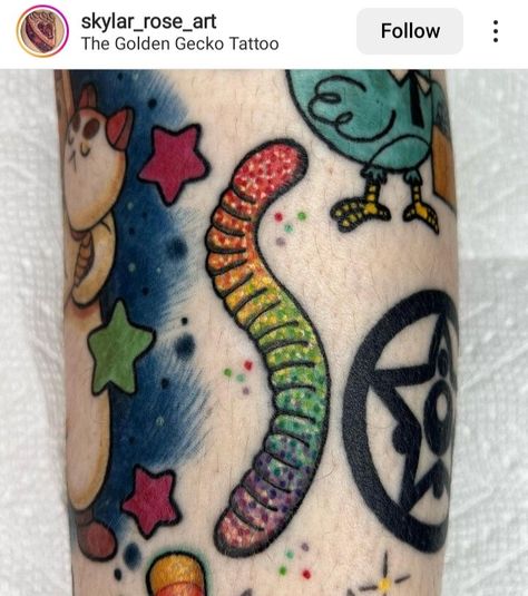 Gummy Worm Drawing, Gummy Worm Tattoo, Candy Tattoo Ideas, Gummy Bear Tattoo, Worm Tattoo, Worm Drawing, Traditonal Tattoo, Pastel Tattoo, Journal 2025