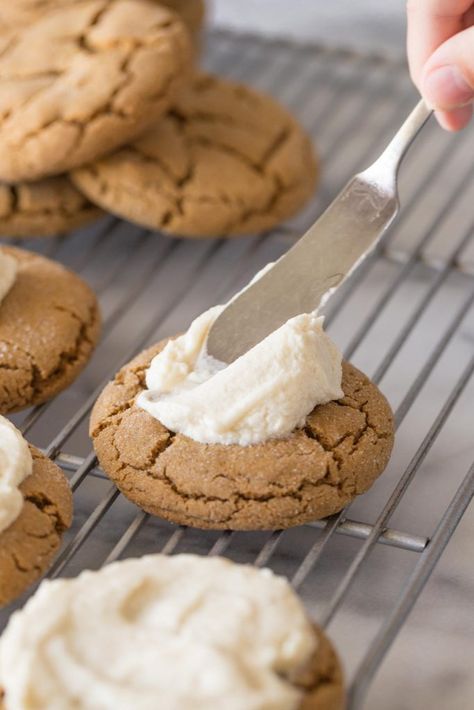 Frosted Molasses Cookies, Soft Molasses Cookies With Frosting, Frosted Ginger Cookies, Cookies Molasses, Soft Ginger Cookies, Brown Sugar Frosting, Molasses Recipes, Food Basics, Chewy Molasses Cookies